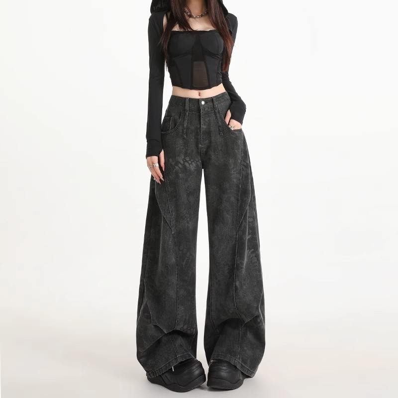 美式弯刀阔腿印花牛仔裤女秋冬设计感欧货高端新塘宽松拖地裤春秋