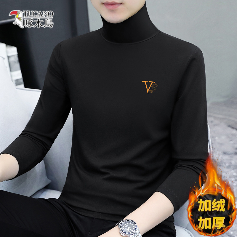 啄木鸟95%棉加绒保暖长袖T恤高领男士弹力上衣秋冬男装打底衫内衣