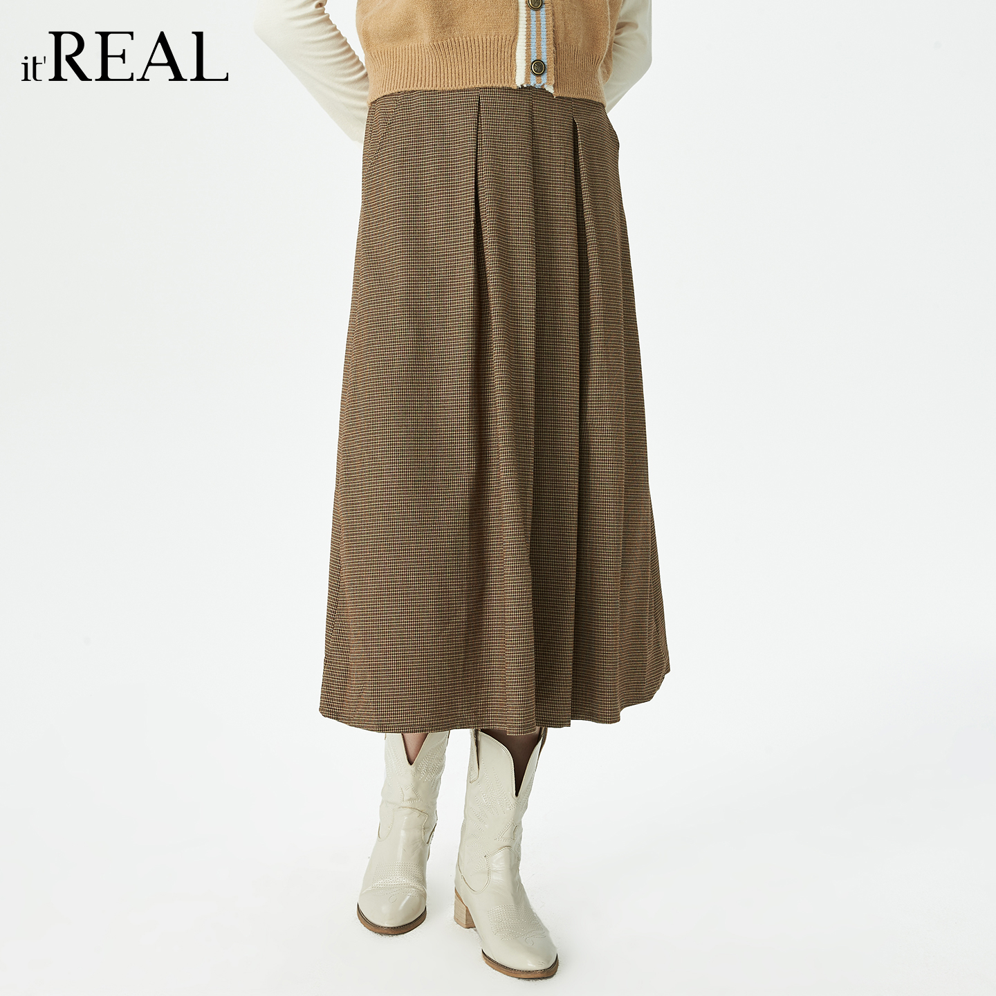 It'real瑞尔学院风格纹伞裙冬文艺短裙复古半身裙1773436019