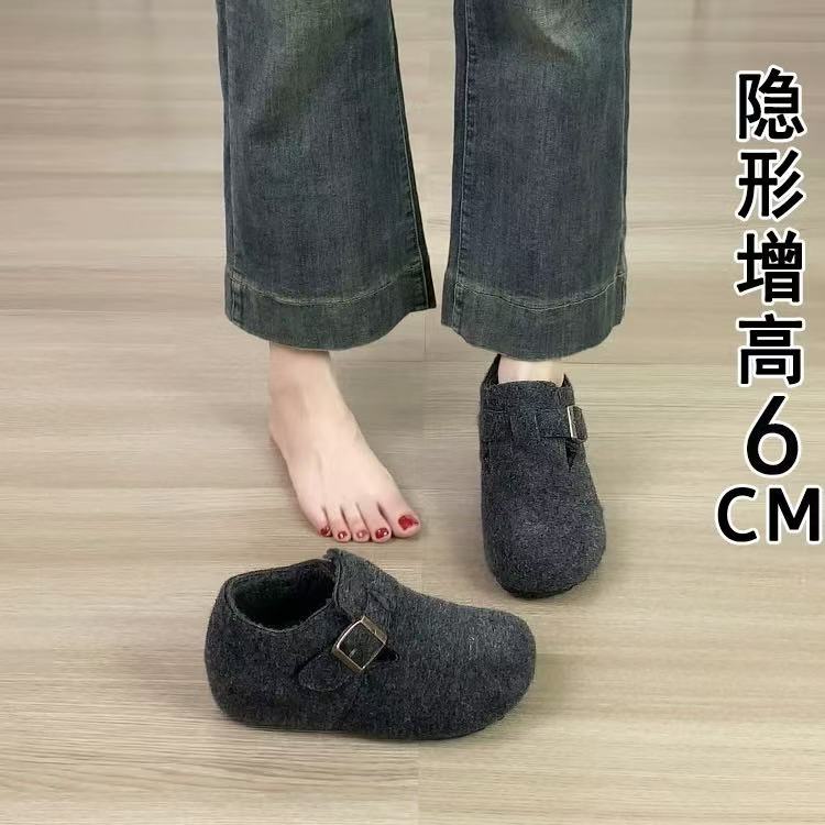 达芙妮旗下6cm内增高毛呢勃肯鞋女冬季保暖棉鞋灰色毛毛鞋棉鞋