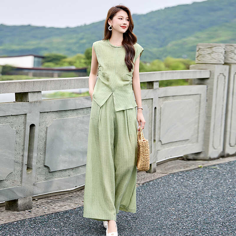 名媛女装高端无袖套装2025夏季新款时尚休闲简约流行亚麻两件套裤