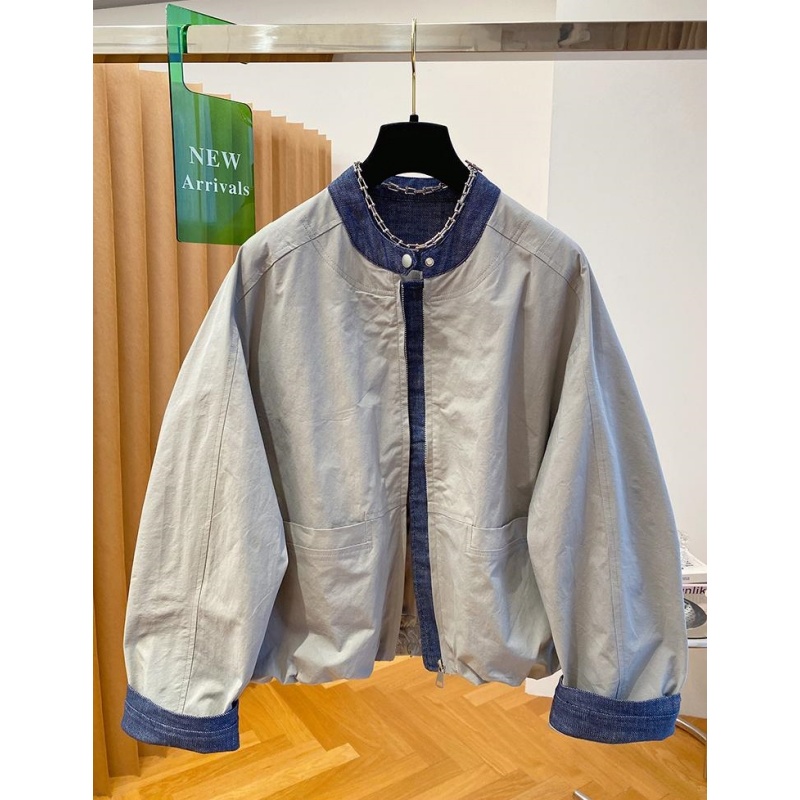 韩国设计感小众牛仔拼接外套女2025新款宽松立领夹克棒球服上衣春