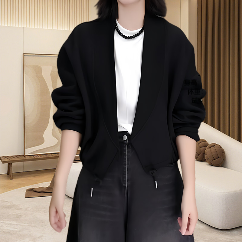 黑色下摆抽绳宽松短外套秋季新款无扣设计感开衫休闲V领披肩上衣