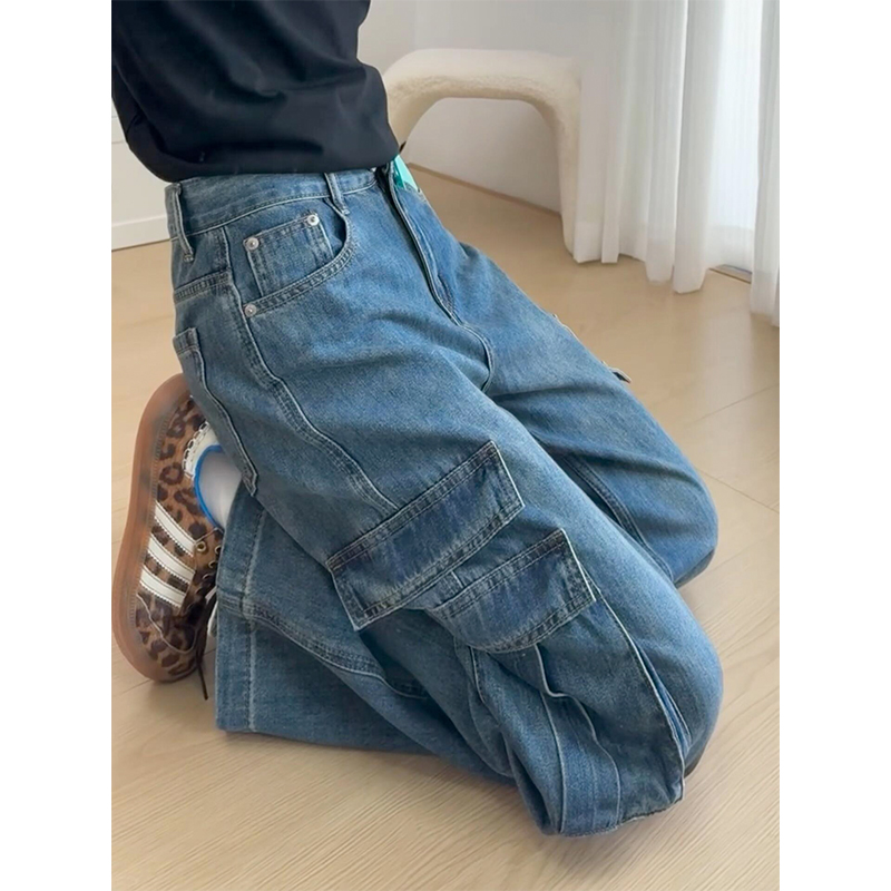 设计感大口袋工装牛仔裤女秋季新款美式复古蓝高腰显瘦拖地阔腿裤