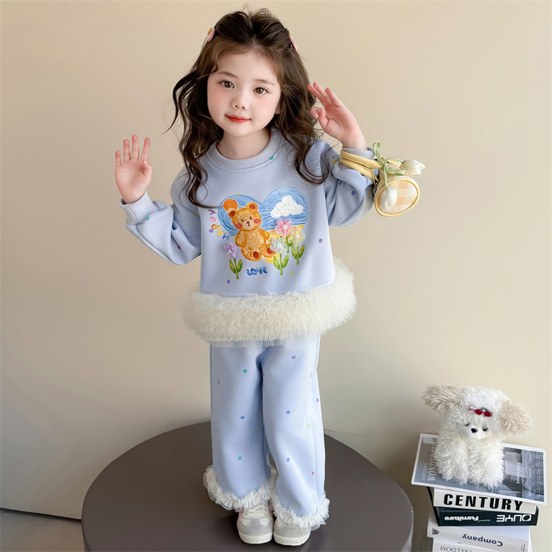 女童时尚卡通印花网纱拼接卫衣套装2025秋季新款女宝宝休闲两件套