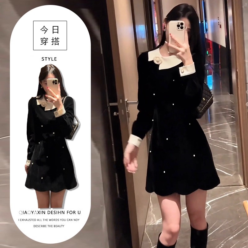 小个子显气质收腰显瘦连衣裙女2025秋冬新款高端精致拼色连衣裙潮