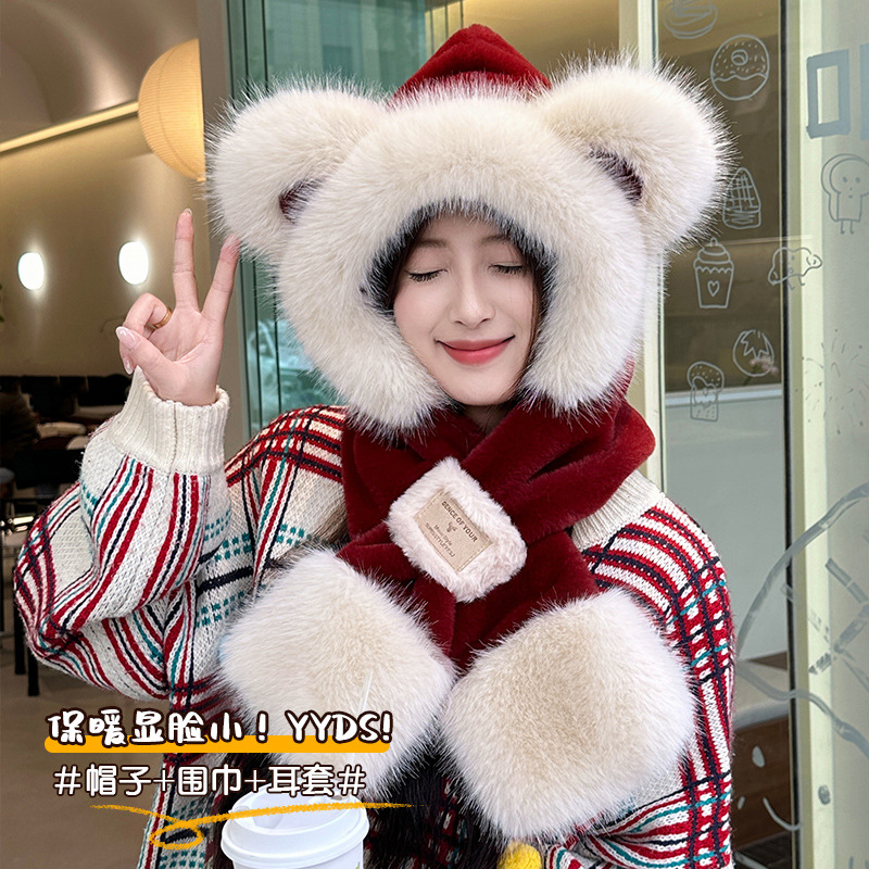 AYX19小熊围巾一体加厚保暖毛绒护耳帽女秋冬可爱防寒百搭保暖帽