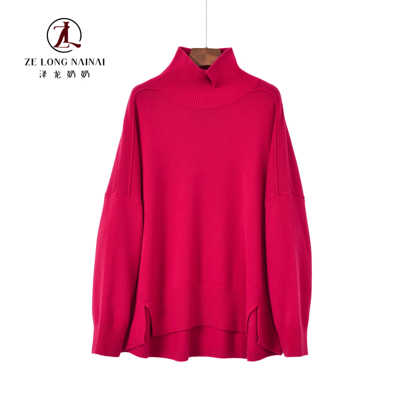 5318慵懒纯色宽松高翻领落肩袖套头高领厚毛衣秋冬保暖毛衣女