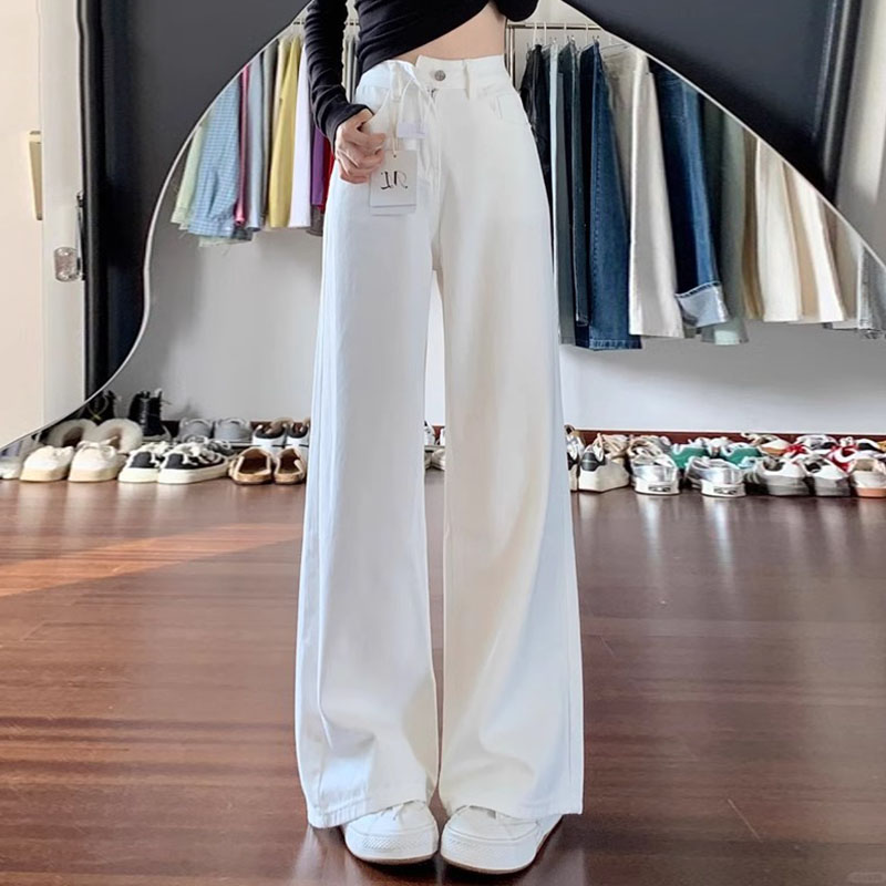 白色阔腿牛仔裤女2025春秋新款高腰宽松加绒垂感小个子直筒拖地裤