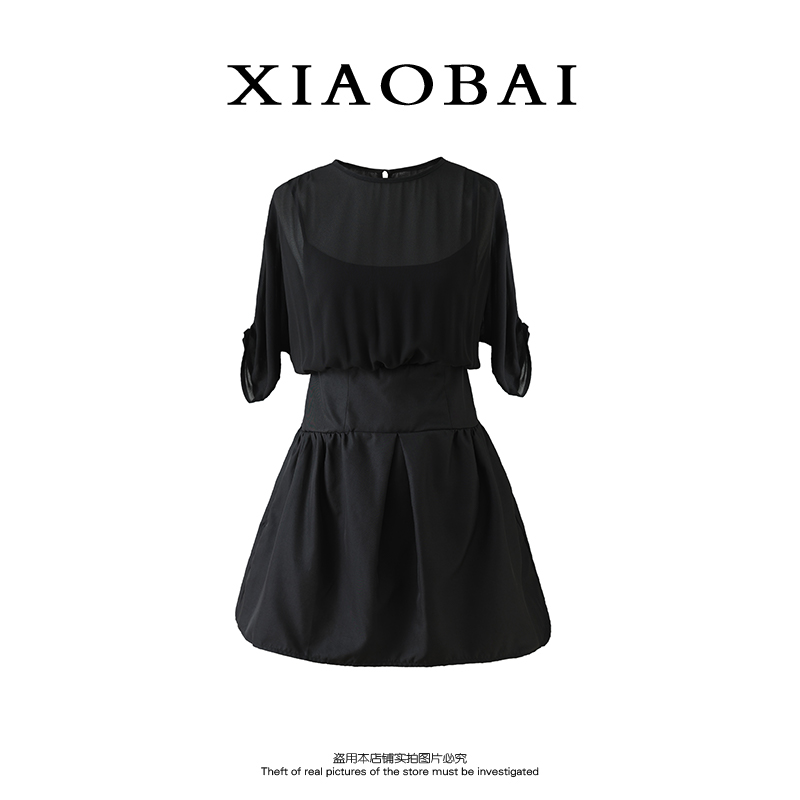 XIAOBAI 法式收腰连衣裙夏季新款黑色短袖修身显瘦知性风气质裙子