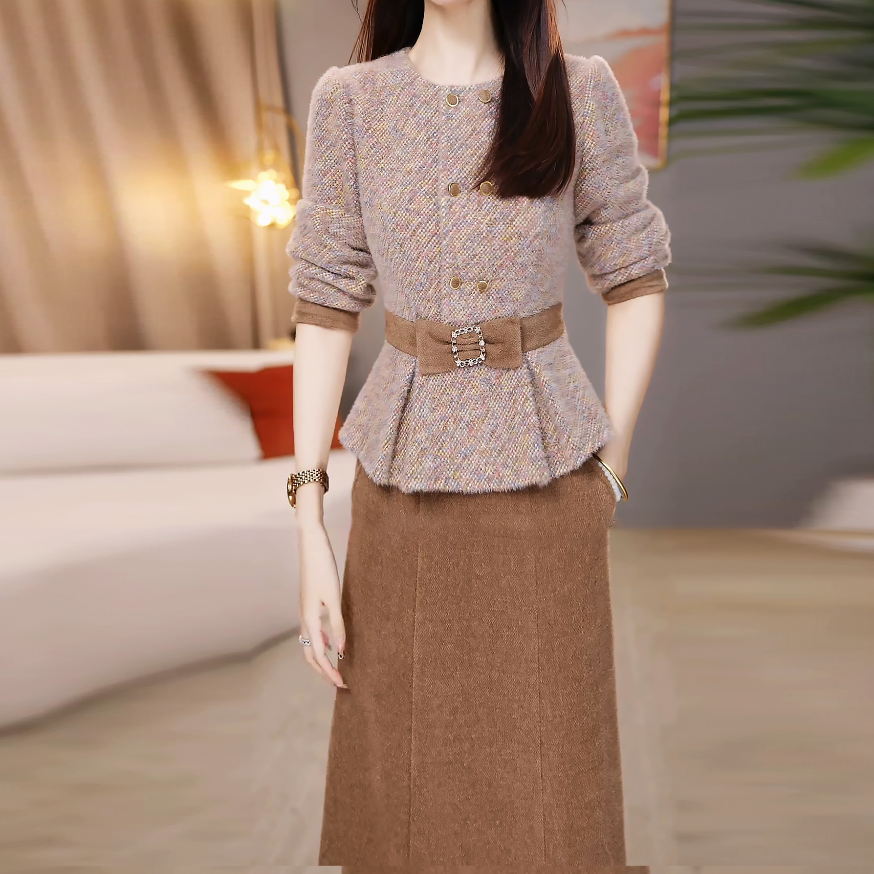 【加绒上衣+半身裙】加厚两件套宽松型秋冬季显瘦气质轻奢女装套装