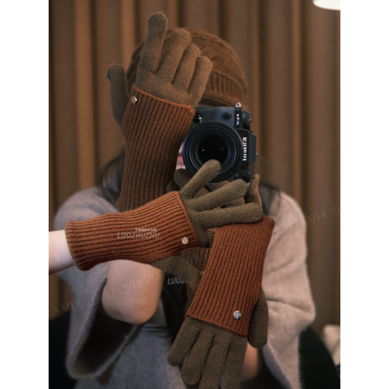 罗猪猪【韩版撞色】手套毛线灵活可露指五指套美拉德秋冬两用拼色
