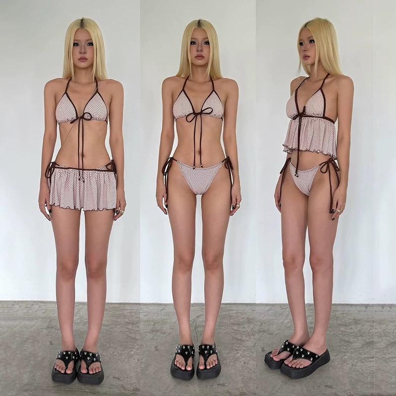 Sun【粉点】泳衣温泉女比基尼小香风纯欲波点遮肉显瘦海边度假泳装