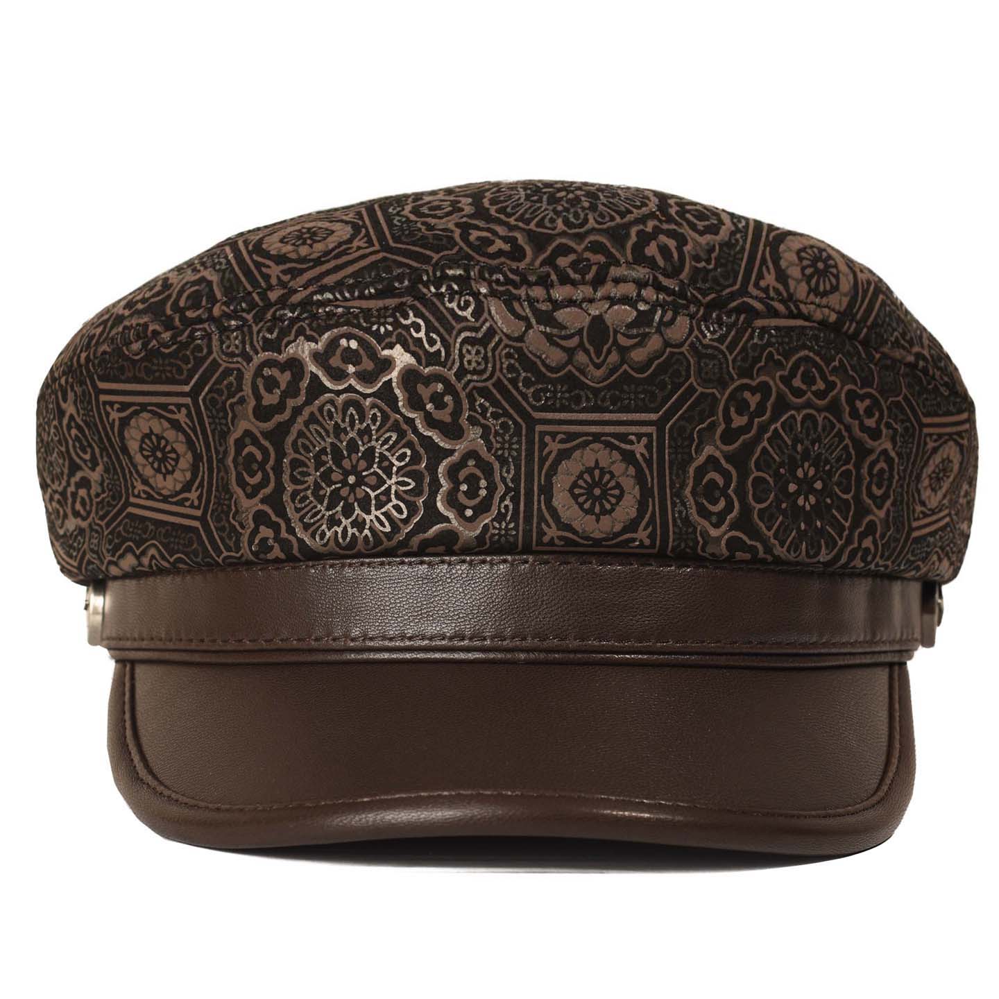 牧迪羊真皮平顶帽子男女短檐休闲中老年人羊皮印花船长帽