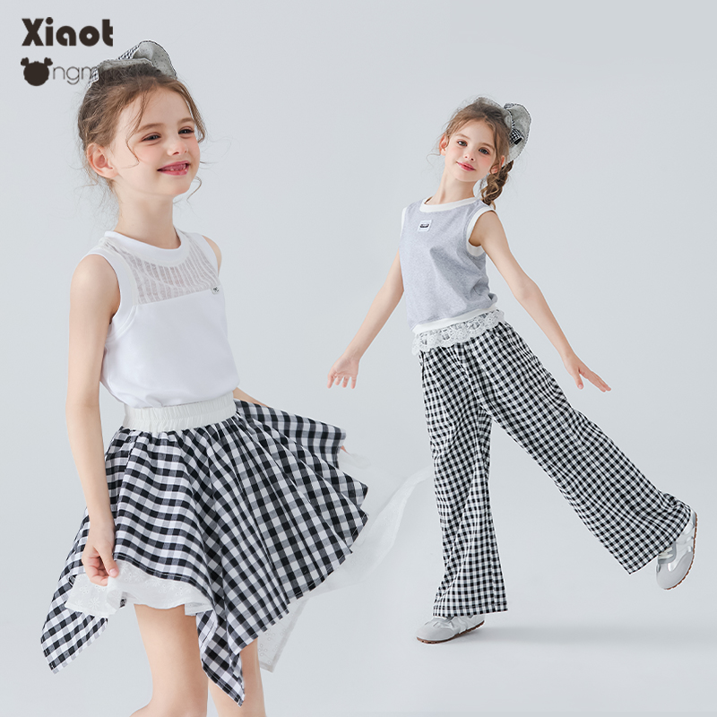 【断码特价】经典黑白格纹女童半身裙夏季新款中大童宽松直筒长裤