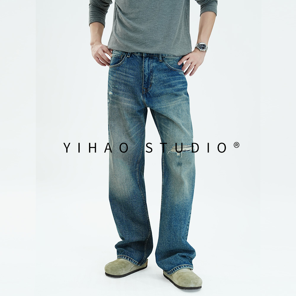 YIHAO STUDIO秋季男款美式破洞宽松直筒牛仔裤时尚百搭休闲长裤