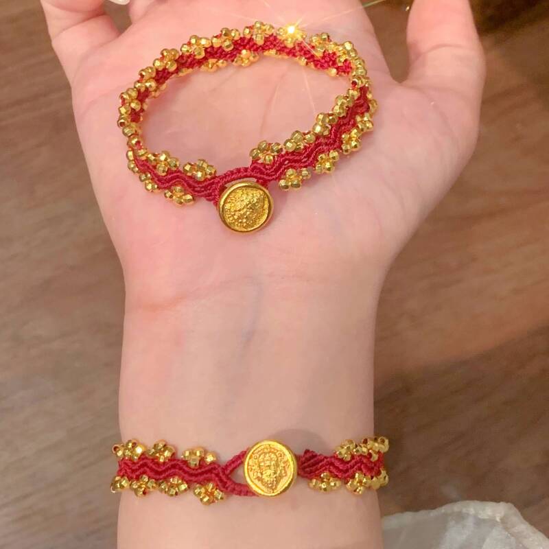 铜合金手链 新中式国潮风丨爆闪蹦迪珠黄财神红手链手工编织 Y008