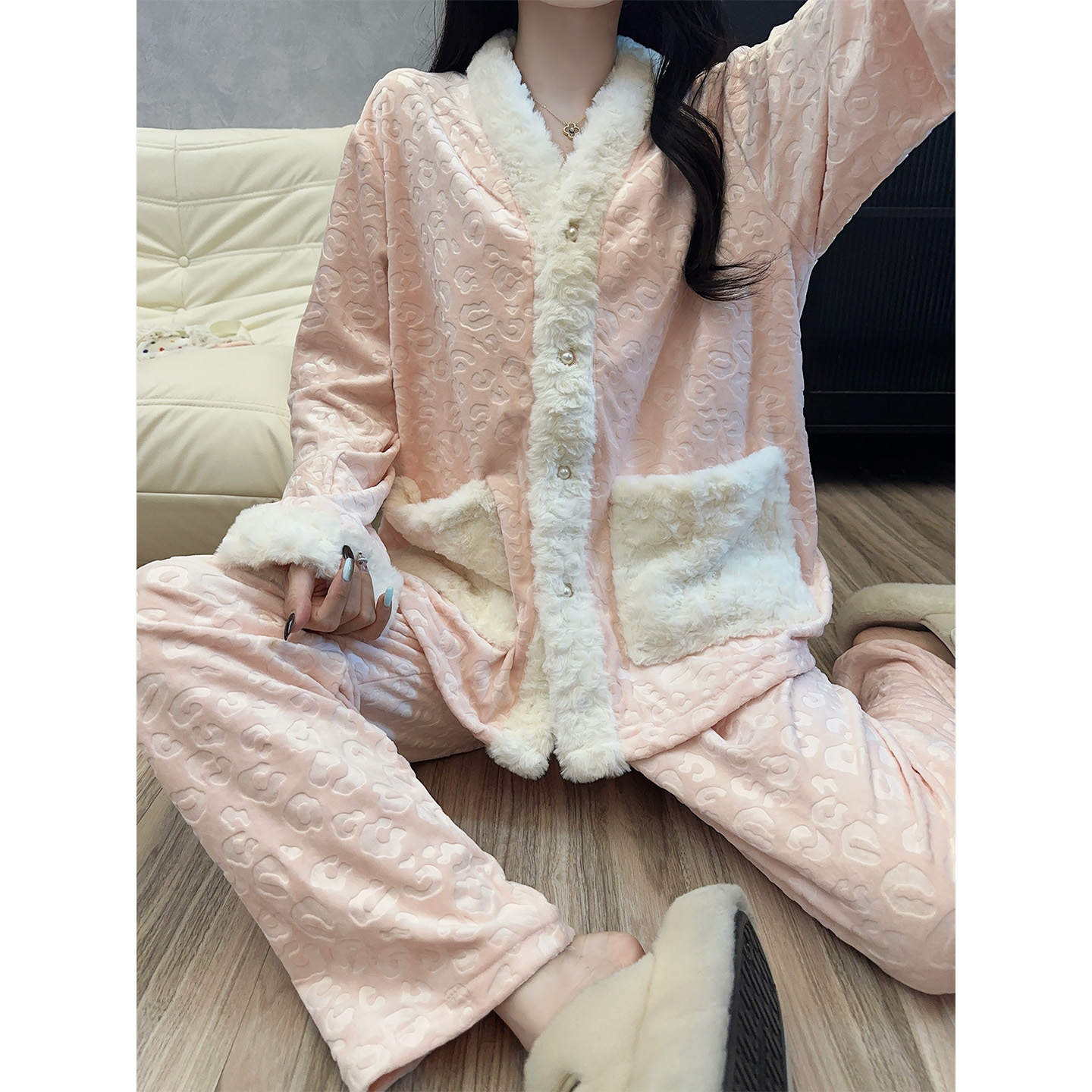 【海岛绒】睡衣女款秋冬季温柔风粉色少女加厚可外穿新款家居服套装