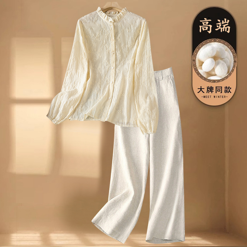 高端文艺刺绣苎麻衬衫套装女士妈妈秋装时尚亚麻阔腿裤休闲两件套