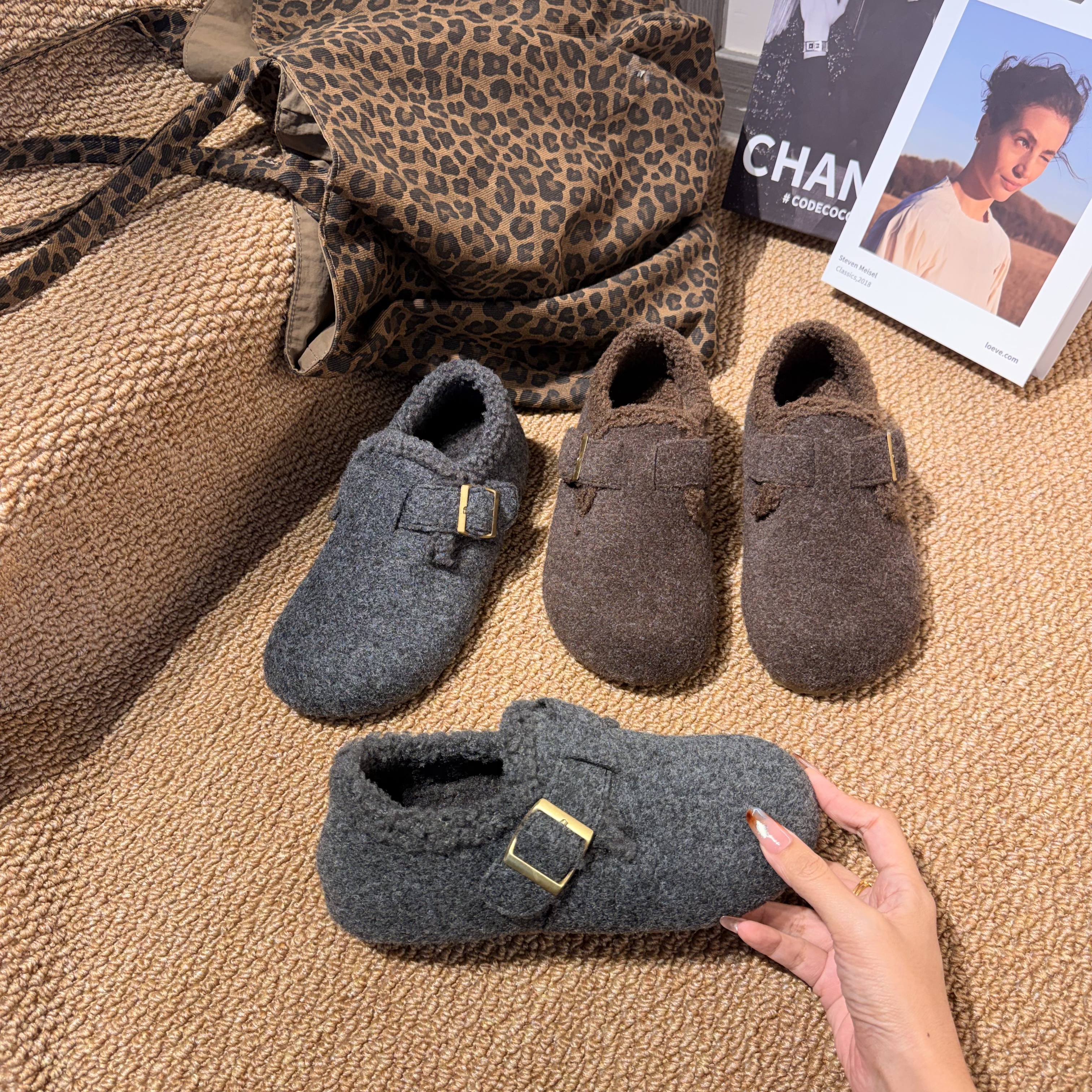 3cm复古圆头毛毡加绒勃肯鞋女加绒秋冬季一脚蹬保暖棉鞋毛呢博肯