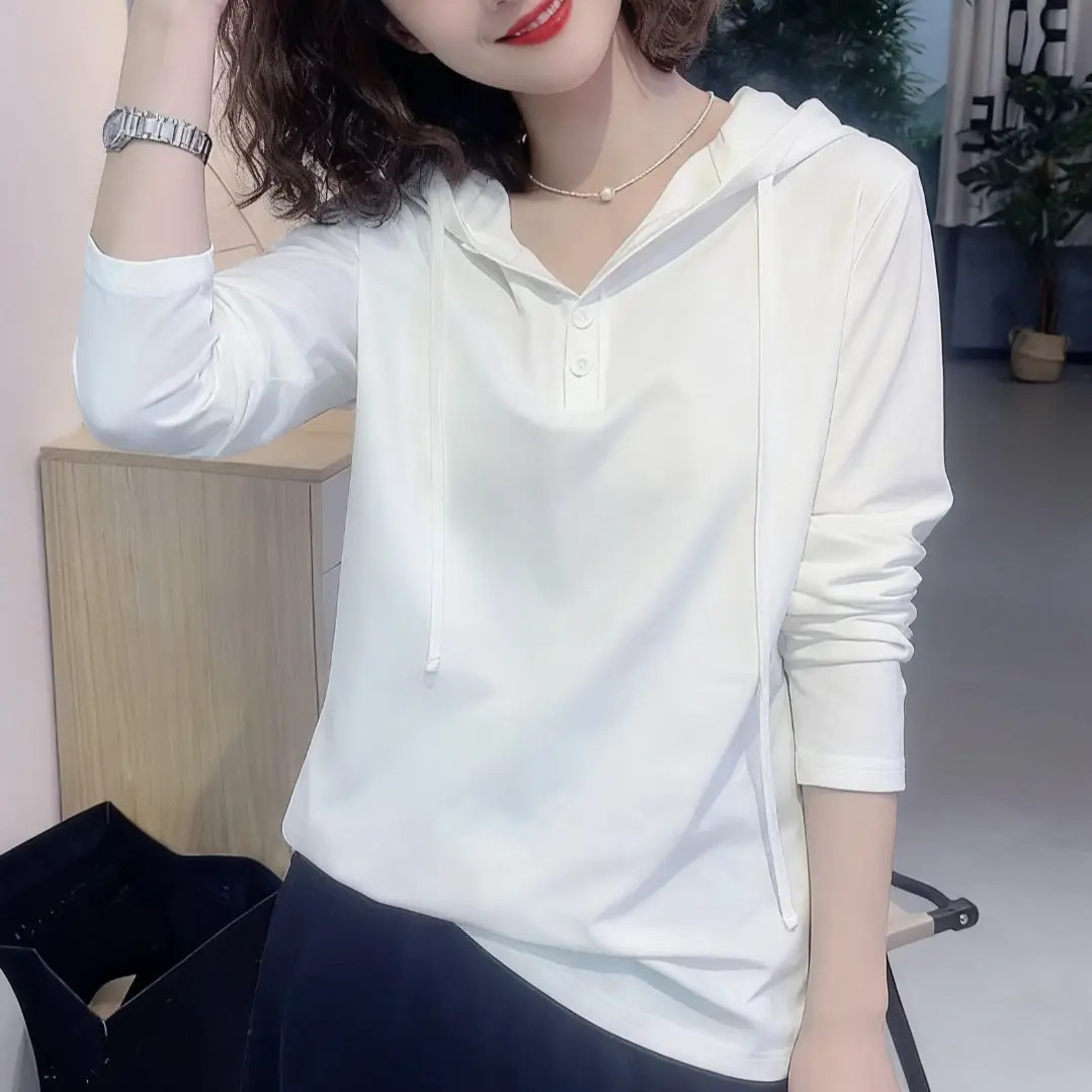 春秋连帽长袖T恤卫衣女韩版宽松显瘦休闲纯色百搭洋气设计感上衣