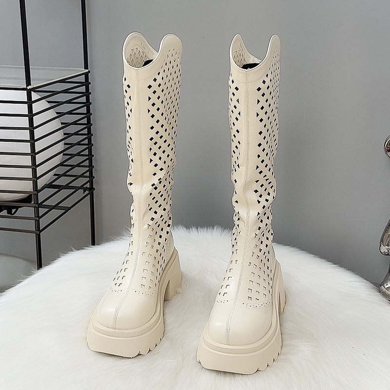 凉靴女夏季薄款透气2025新款粗跟高跟靴子小个子不过膝镂空长筒靴