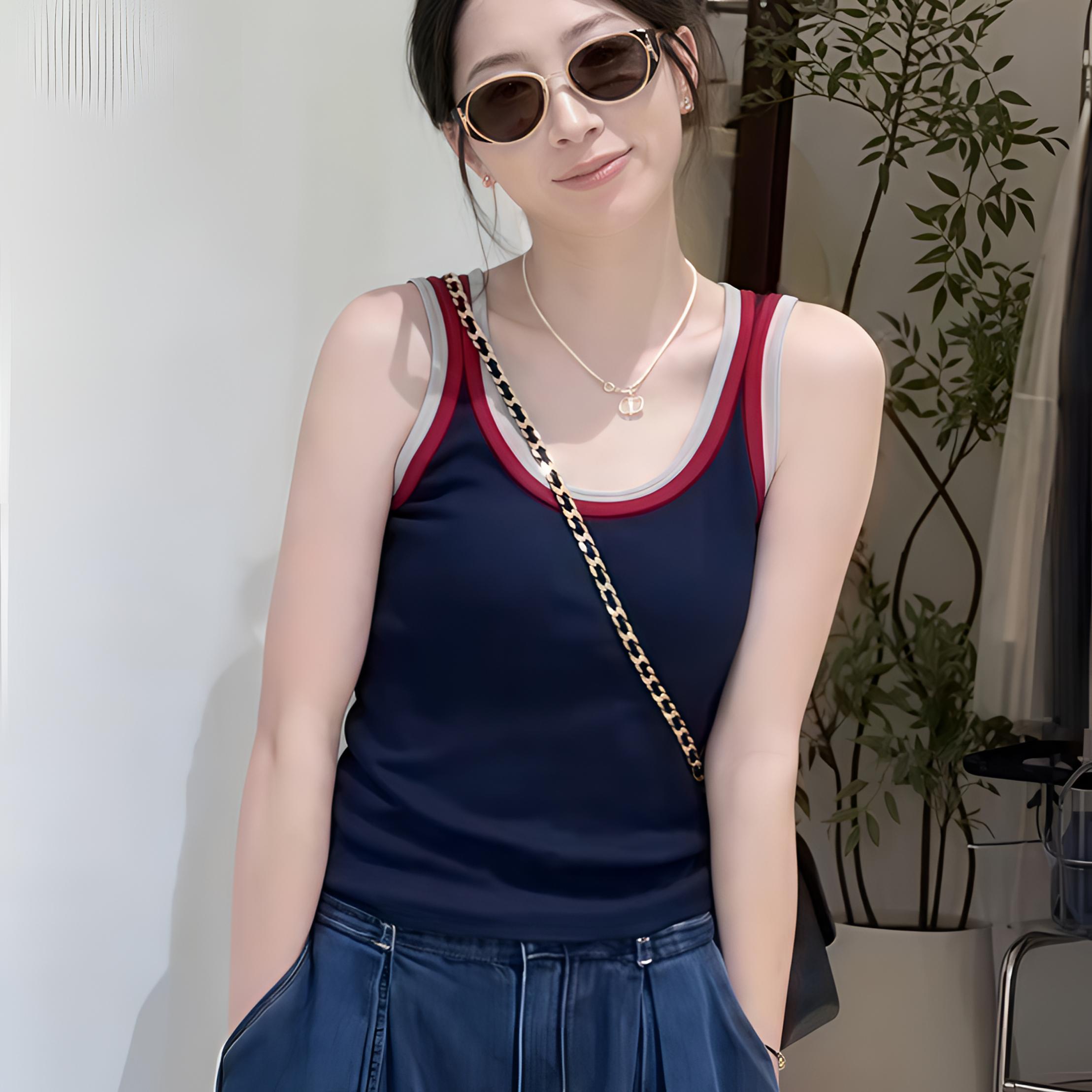 美到心坎~撞色拼接吊带背心女2026早秋新款修身显瘦百搭无袖上衣