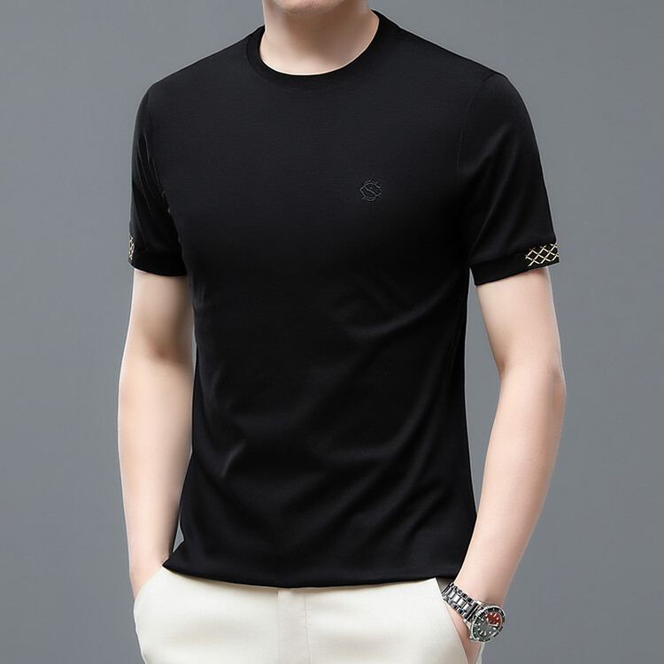 利郎商务休闲男装短袖T恤夏季薄款中年纯棉刺绣圆领百搭潮流体恤