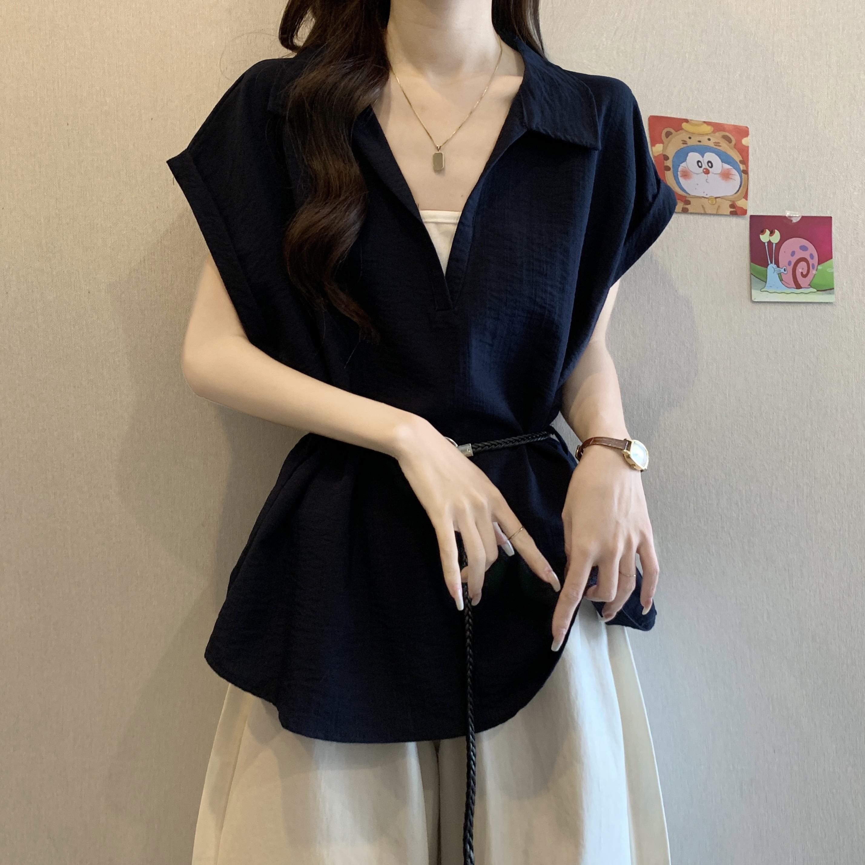 大码女装遮肚子假两件设计感V领短袖衬衫女夏季胖mm收腰显瘦上衣