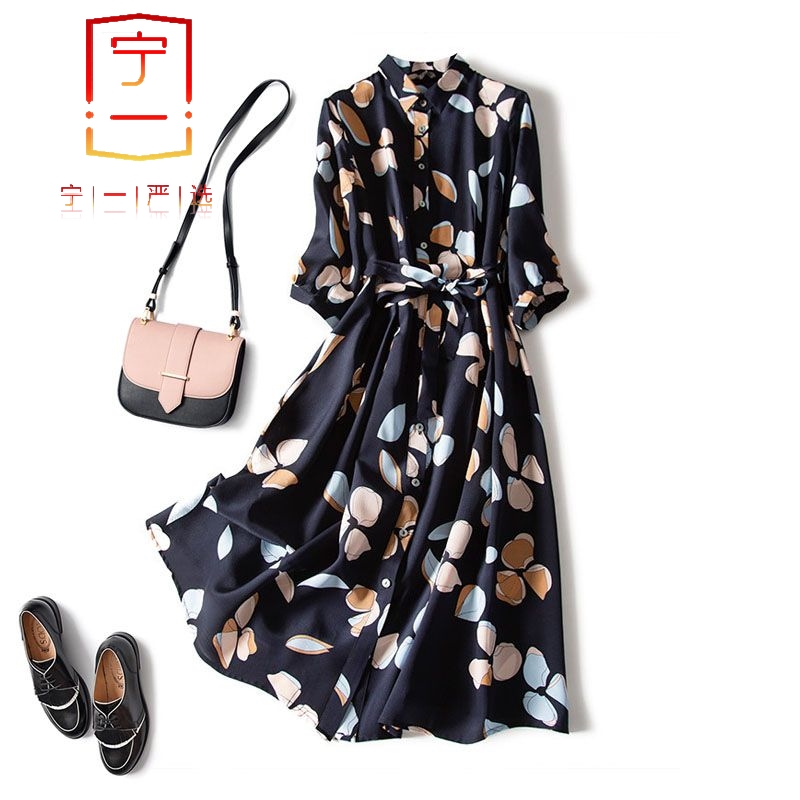 【宁一女装】时尚洋气显瘦大码女气质连衣裙夏季新款复古印花衬衫裙