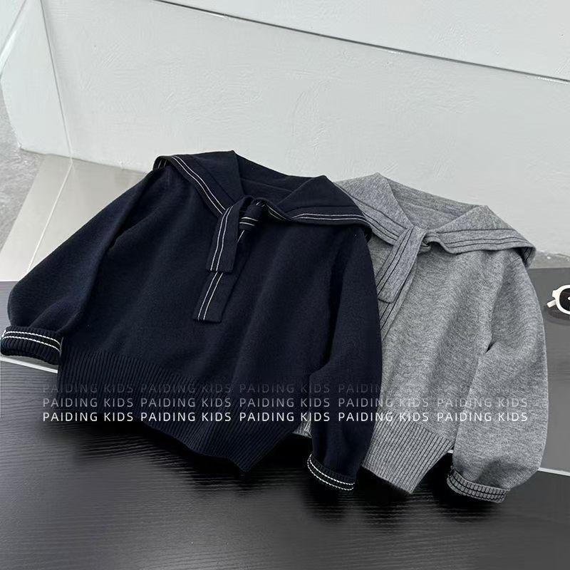 秋季男童韩版ol毛衣休闲风常规海军领针织衫时尚百搭灰色秋冬套头