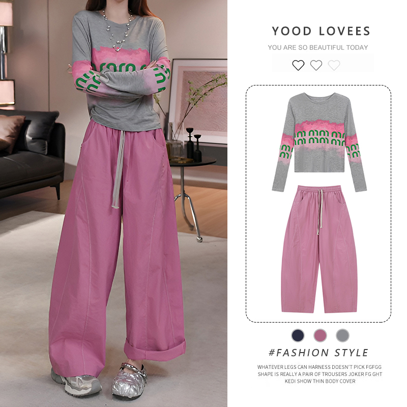 时尚字母印花防晒T恤百搭休闲长裤2025夏季新款设计感休闲两件套