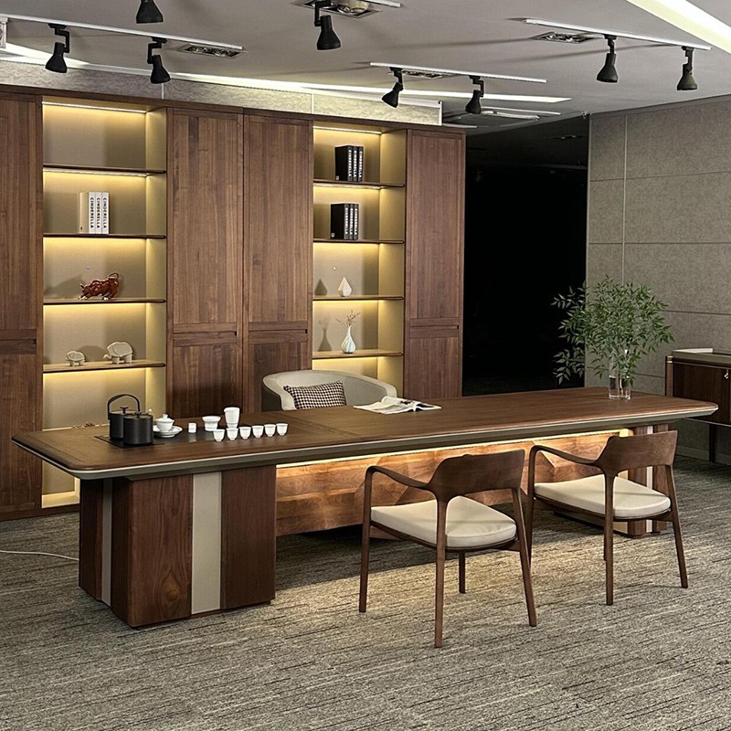 新中式实木茶桌北美黑胡桃木高端茶室办公室别墅泡茶台老板桌定制