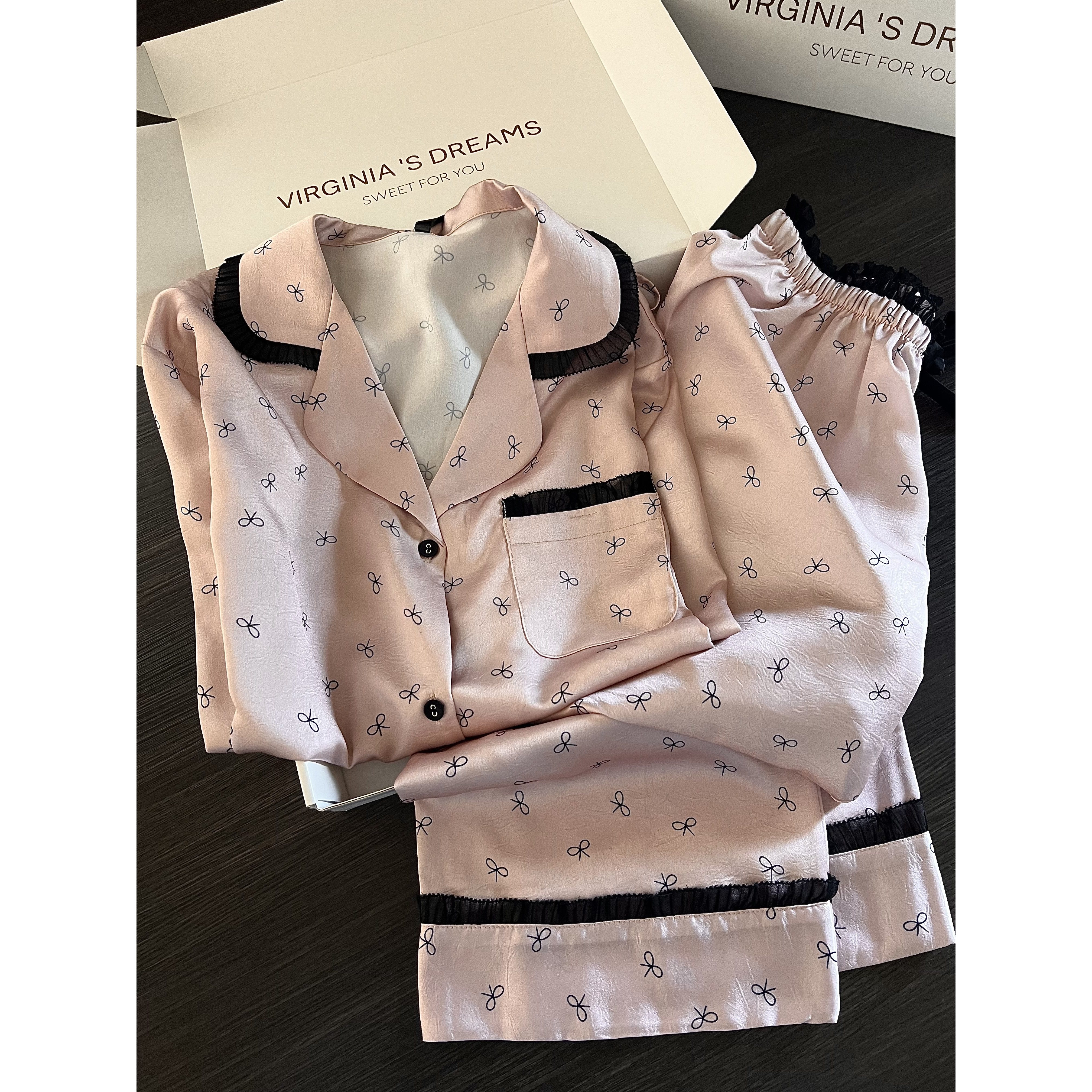 甜美可爱玫瑰粉蝴蝶结冰丝睡衣女春秋2025新款长袖长裤家居服套装