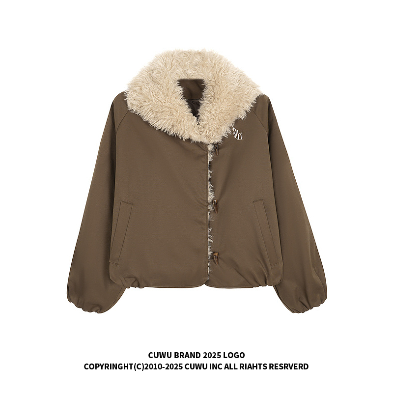 cuwu美式复古翻领毛绒牛角扣棉服外套女冬季宽松加厚短款棉衣棉袄