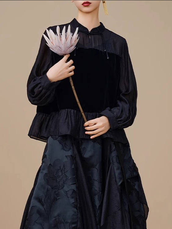 303中式复古气质丝绒上衣国潮风立领百搭复古衬衫2025春装新款女