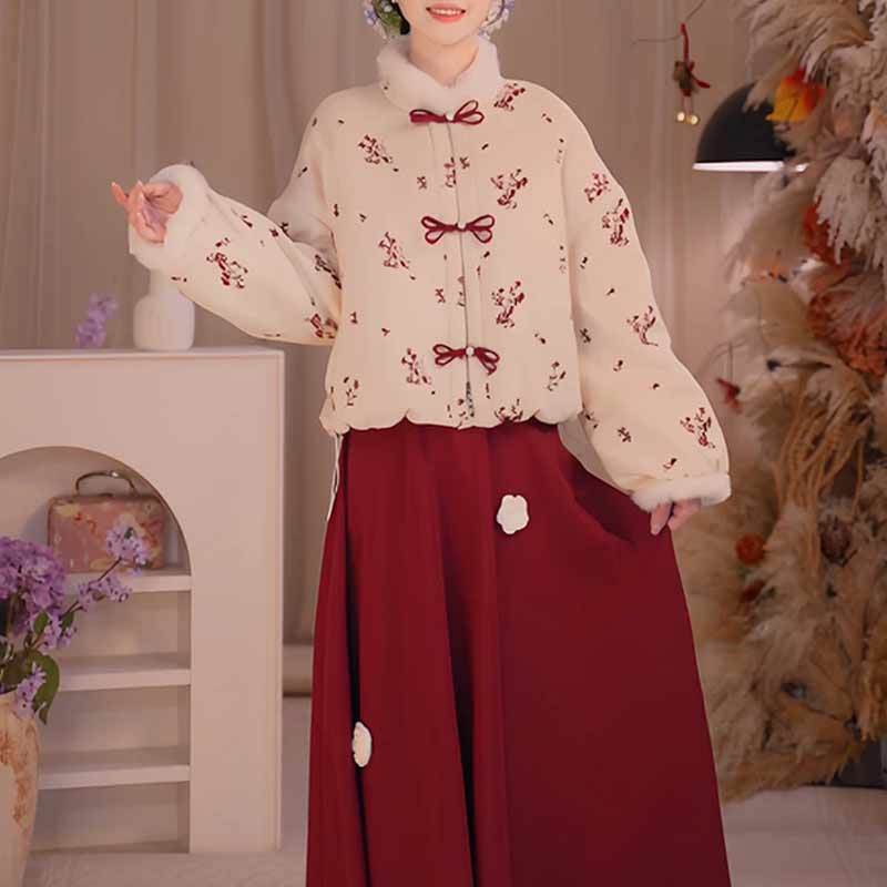 【红枝暮雪】冬季厚款连理枝盘扣外套立体手工花加绒半裙时尚套装