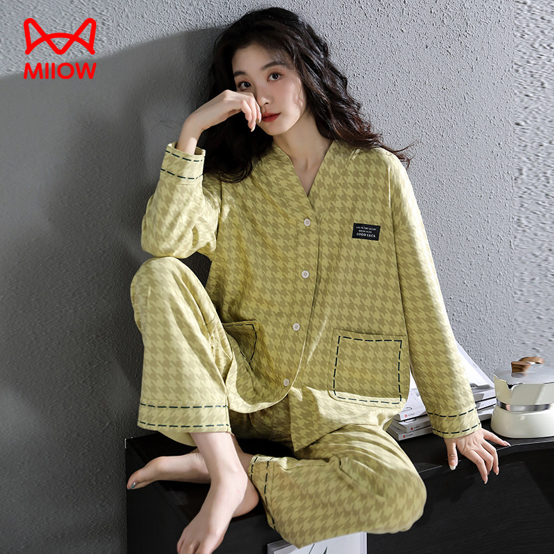 【薄荷曼波】MiiOW猫人睡衣春秋季纯棉静奢风长袖家居服开衫V领套装