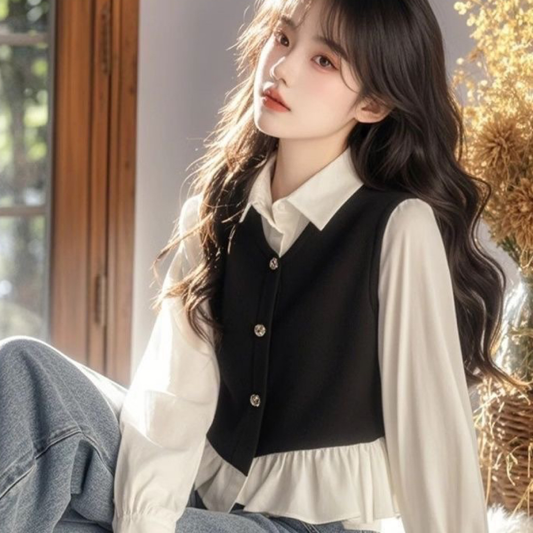 流行撞色拼接假两件女士春季新款洋气别致衬衫