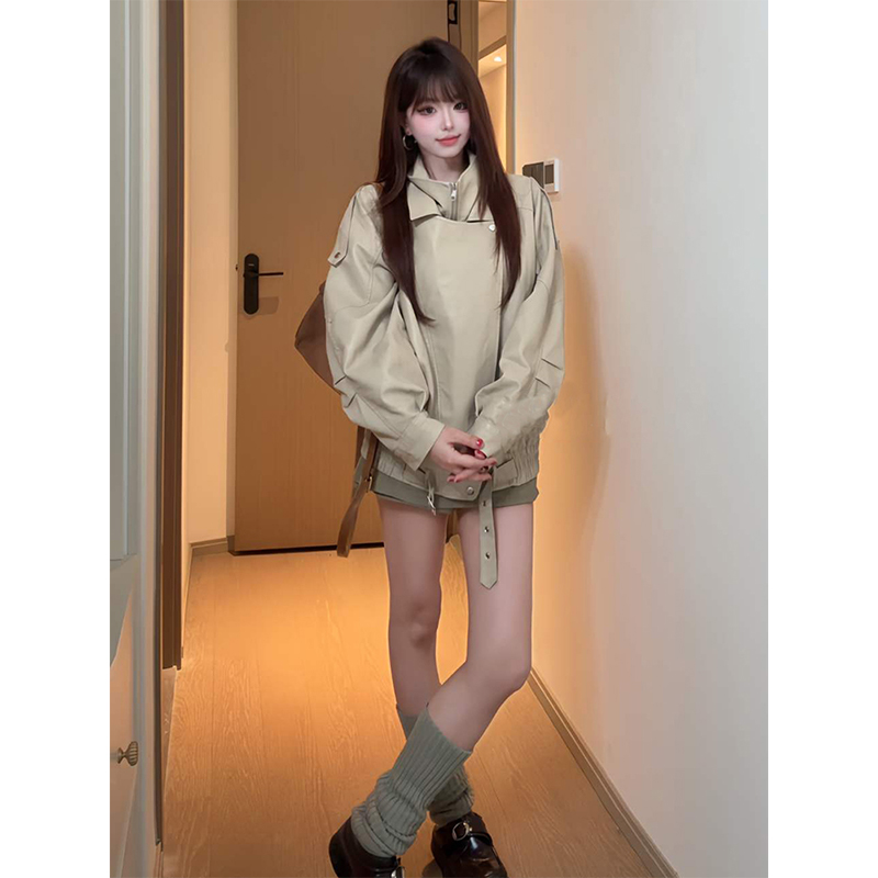 甜酷气质双领机车PU皮衣外套女2025秋季新款宽松高街夹克上衣ins