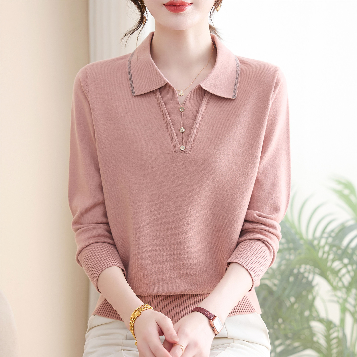 中老年女装秋季休闲减龄针织上衣2025年妈妈秋装新款时尚翻领小衫