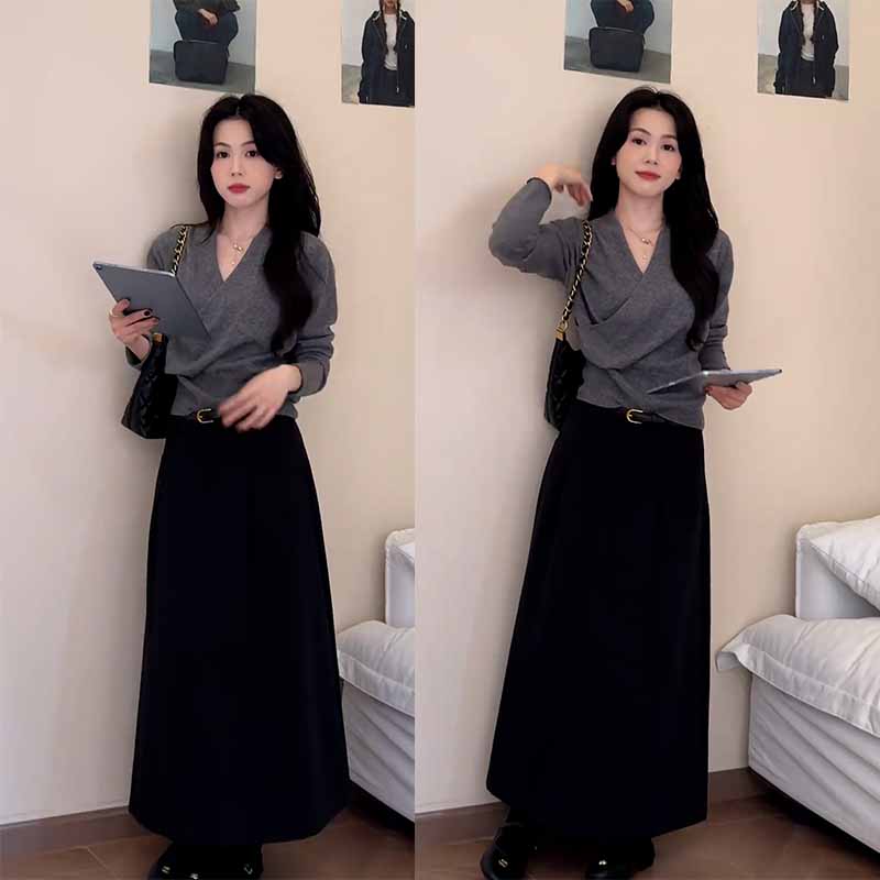 2025秋季新款设计感百搭减龄长袖V领上衣女搭配休闲半身裙两件套