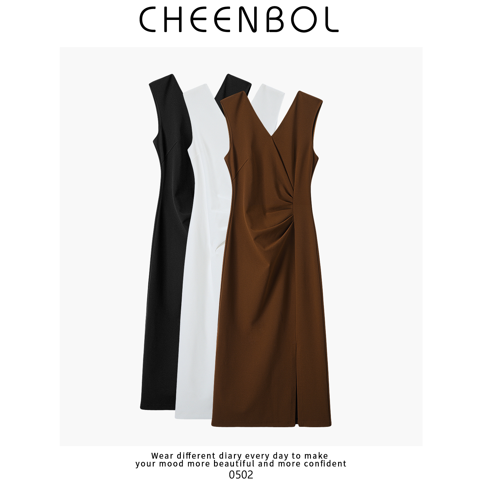 0502法式复古连衣裙女春秋新款收腰显瘦v领开叉设计无袖中长裙