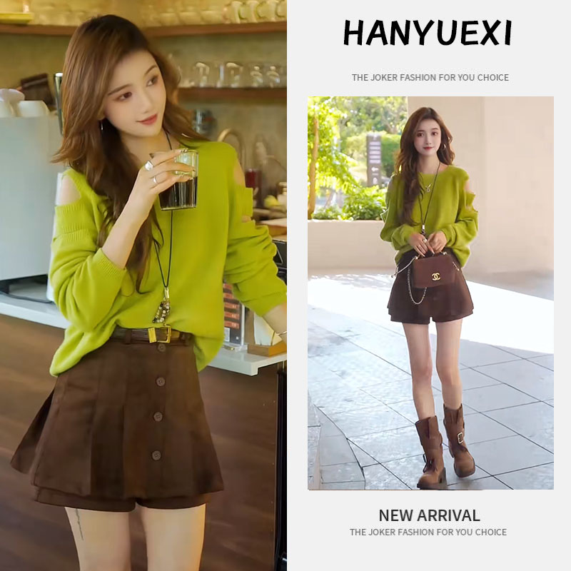 秋季时尚一整套女装2025新款显白设计感露肩毛衣高腰裤裙两件套潮