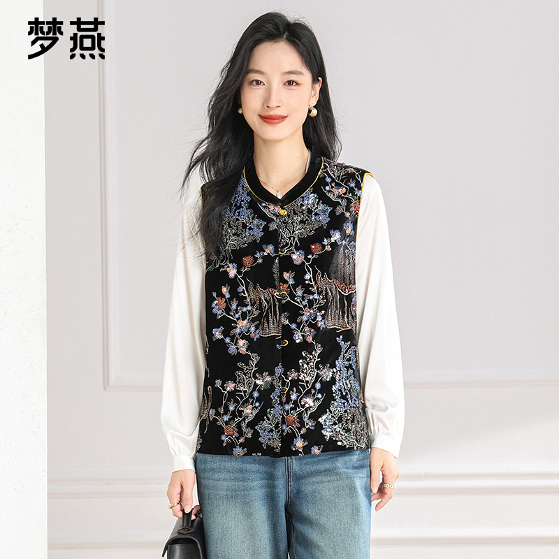 梦燕春秋季丝绒刺绣盘扣马甲外搭国风通勤黑色无袖上衣AA07B5004