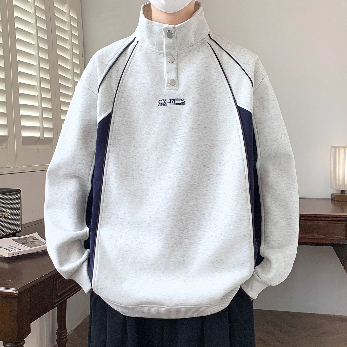 立领卫衣男秋冬季美式拼接设计感套头衫男生polo领加绒长袖打底衫