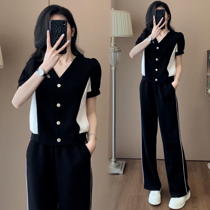 小个子韩版休闲套装女2026年夏季新款撞色短袖上衣阔腿裤两件套潮