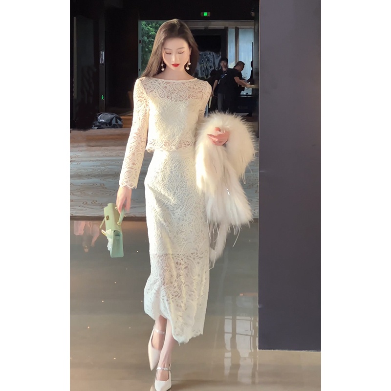 格润雅气质优雅蕾丝套装群女2025新款显瘦上衣开叉半身裙两件套