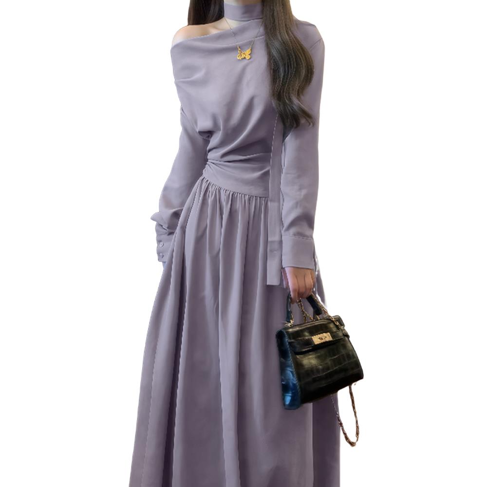 .法式气质斜肩长袖连衣裙子女早秋2025新款巨好看韩系独特别致长.