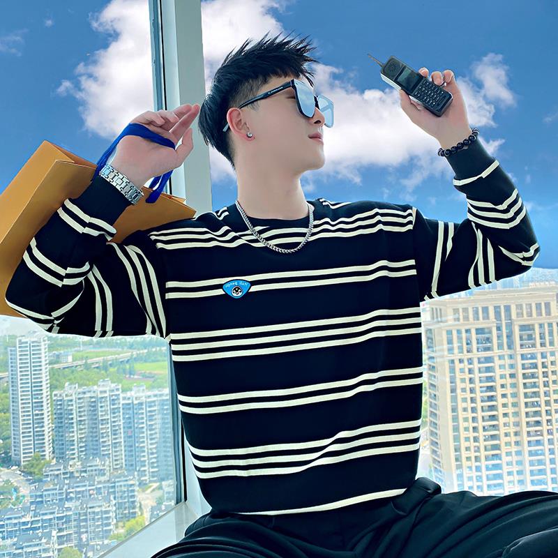 灏吉弧高级感条纹卫衣男春秋季潮牌撞色加厚打底上衣2025新款男士